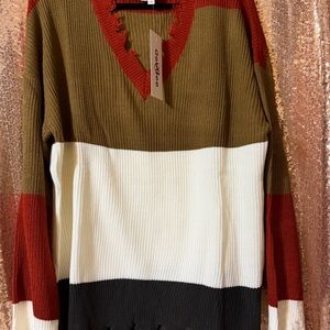 GOGO Olive, Cream & Rust Colorblock V-Neck Sweater